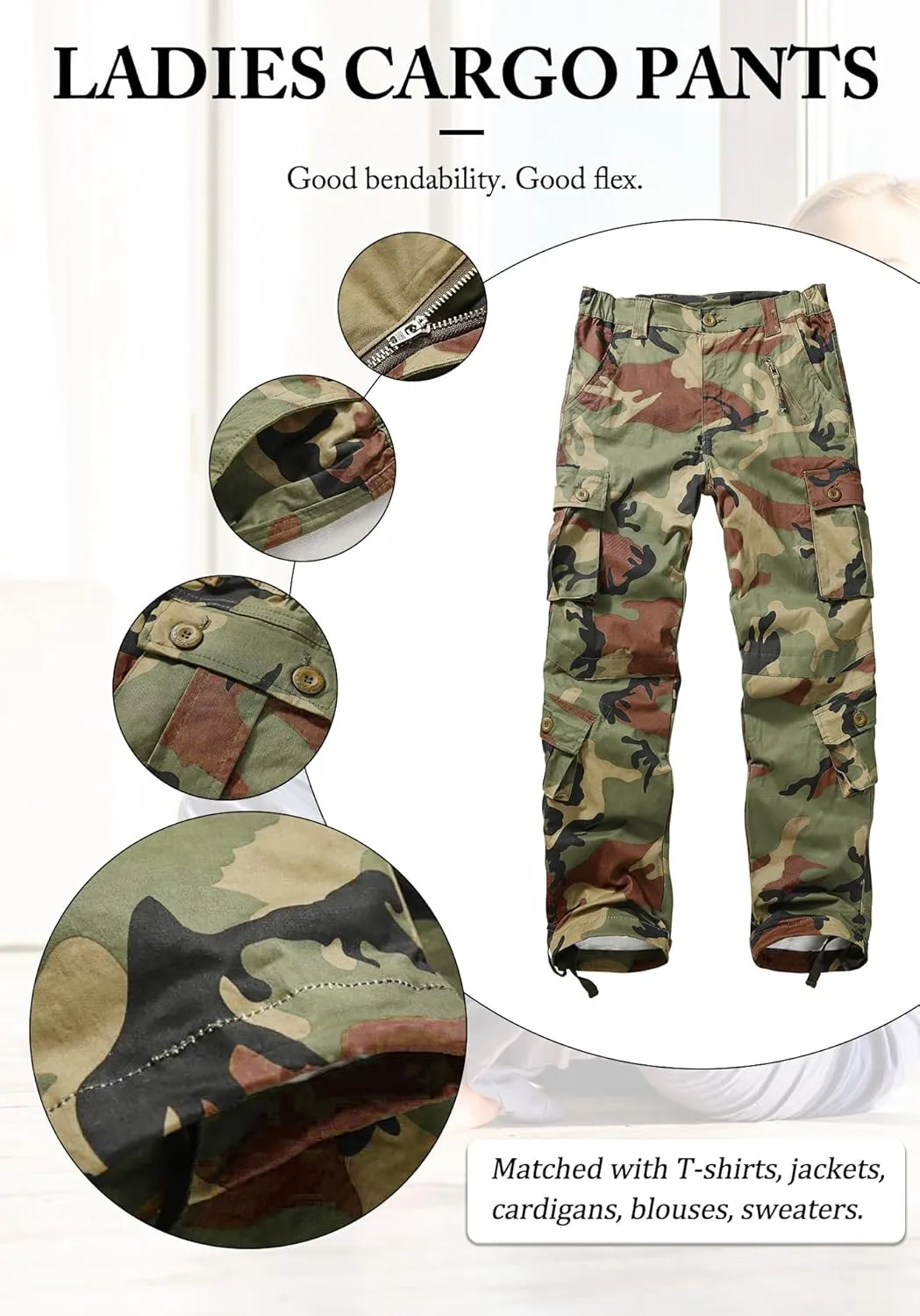Women's Cargo Pants Relaxed Fit Camo Pants Straight Leg Casual Stretch Work Pants with 9 Pockets