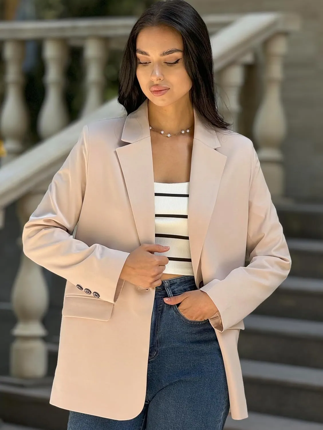Womens Casual Blazers for Work Long Sleeve Jackets Boyfriend Blazer for Women Business Office Lightweight Jacket