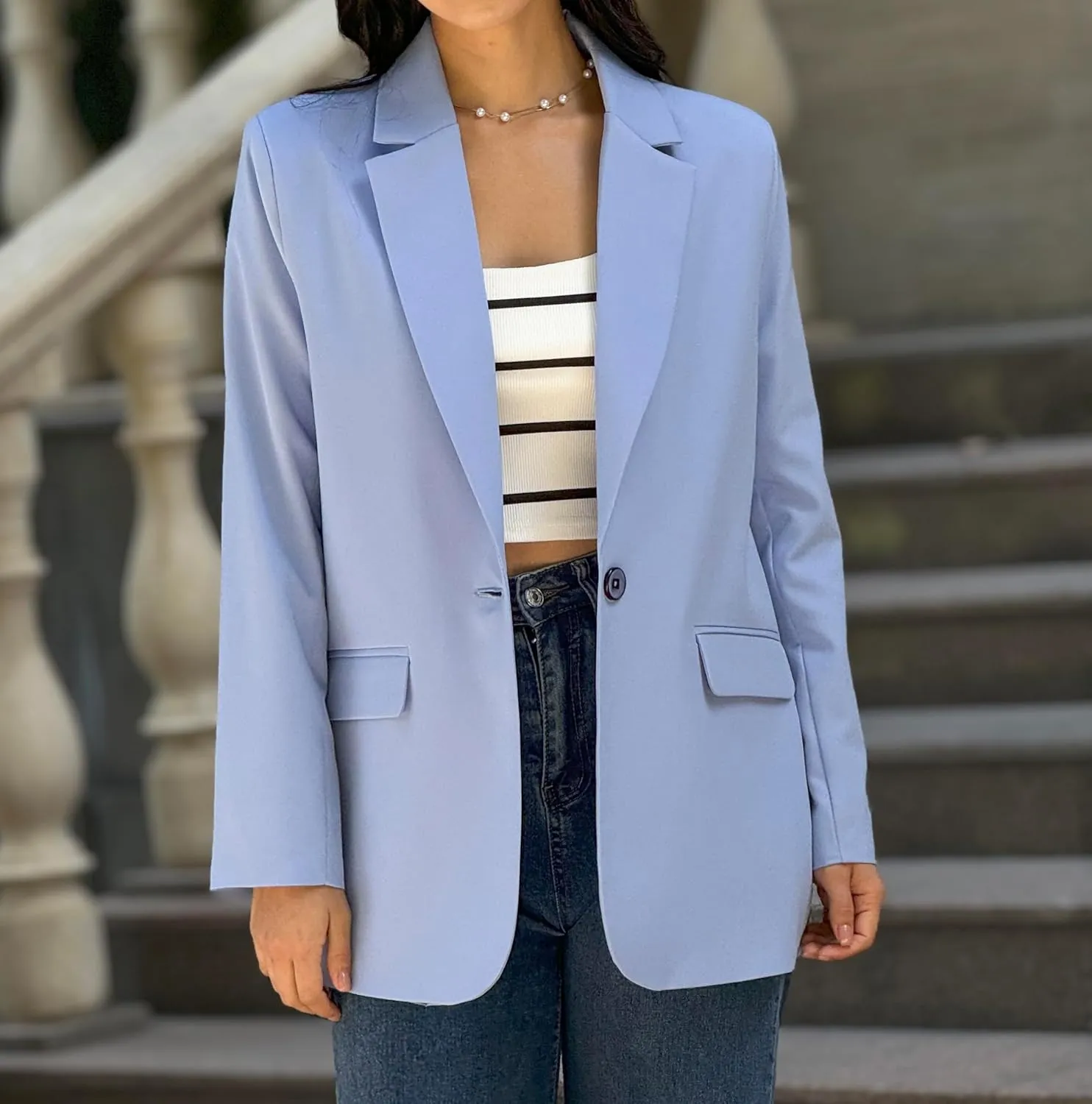 Womens Casual Blazers for Work Long Sleeve Jackets Boyfriend Blazer for Women Business Office Lightweight Jacket