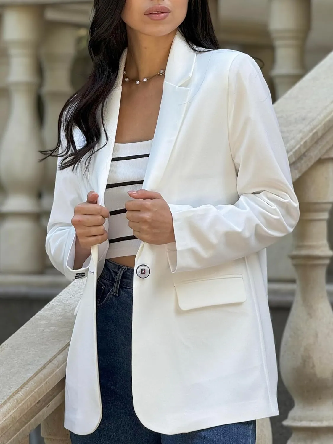 Womens Casual Blazers for Work Long Sleeve Jackets Boyfriend Blazer for Women Business Office Lightweight Jacket