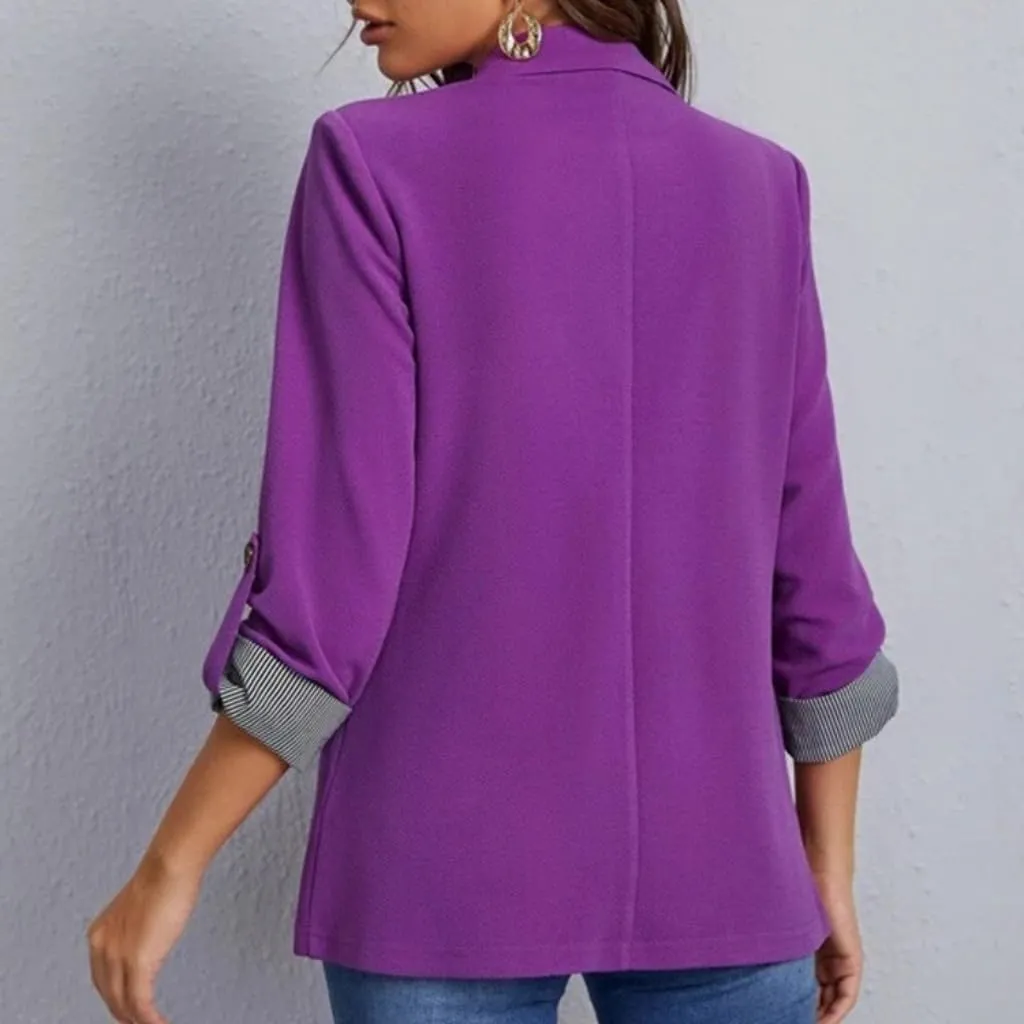 Womens Casual Comfy Blazers 3/4 Sleeve Lapel Button Slim Fit Work Office Blazer Jacket Open Front Lightweight Lounge Suit