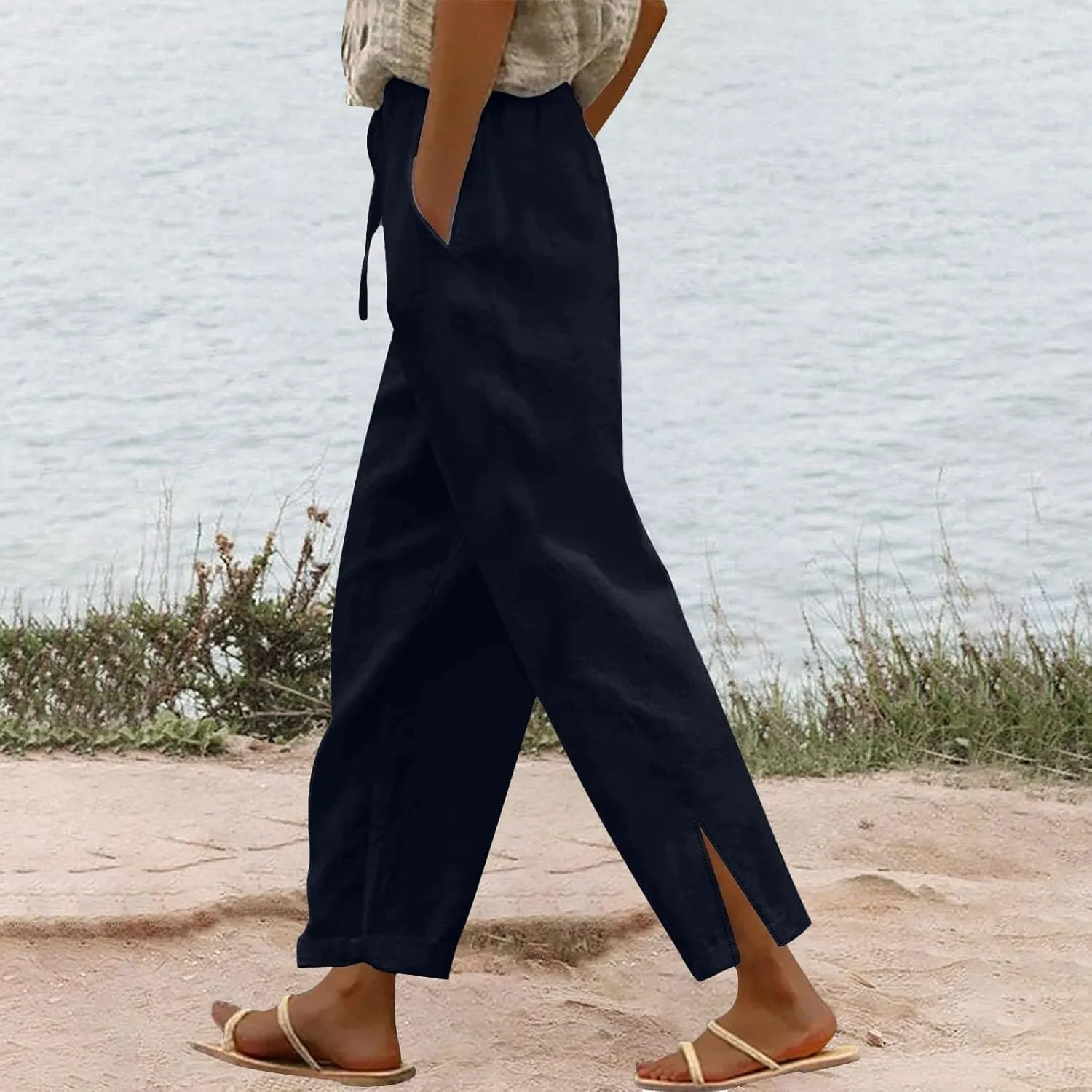 Womens Casual Cotton Linen Pants High Waist Drawstring Loose Fit Summer Spring Straight Leg Trousers with Pockets