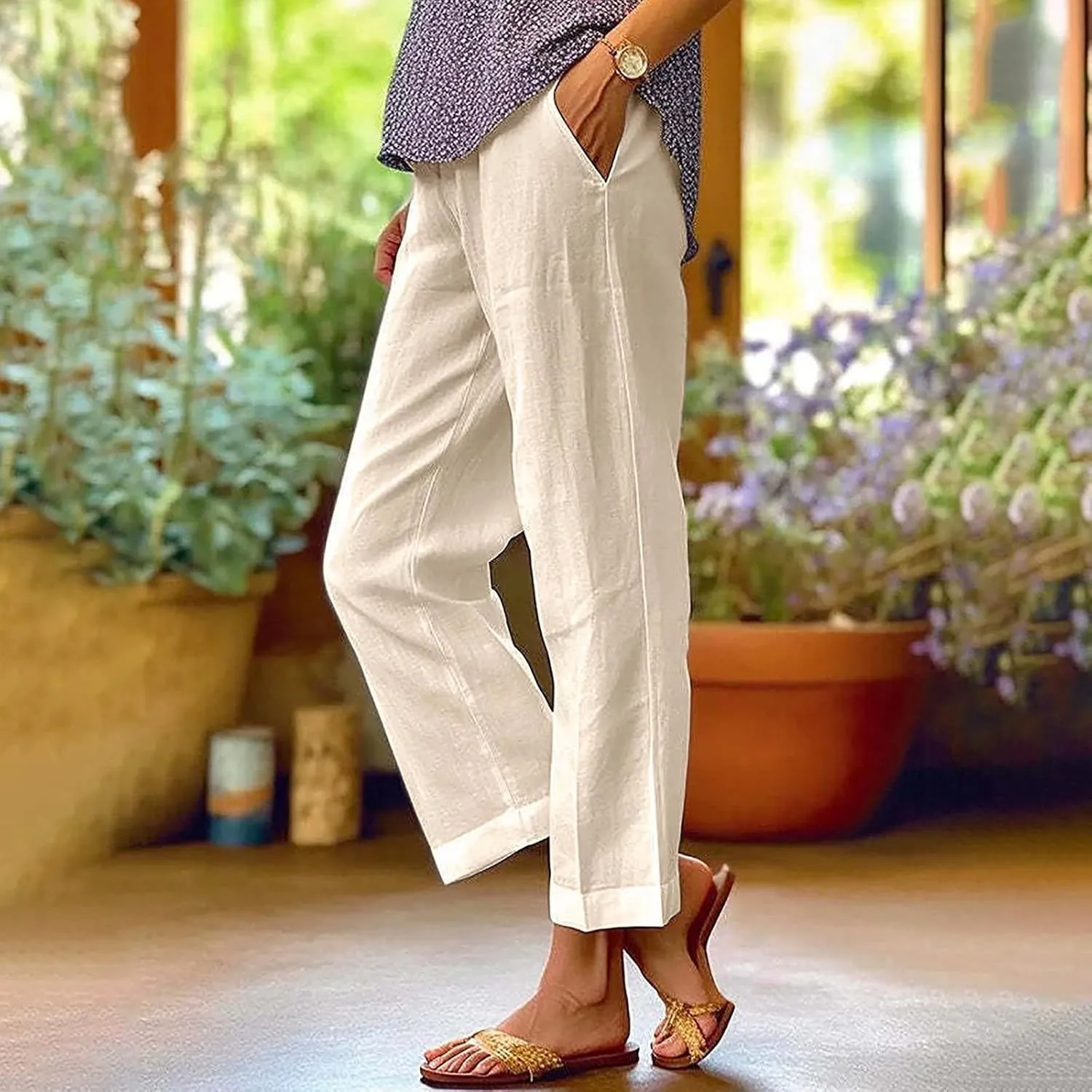Women's Casual Cotton Linen Pants Solid Vintage Elastic Waisted Drawstring Summer Beach Baggy Capri with Pockets