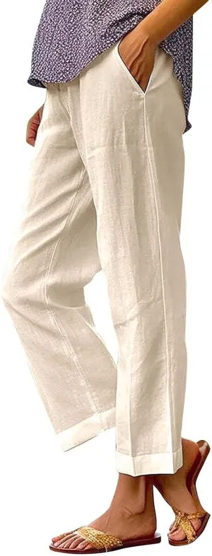Women's Casual Cotton Linen Pants Solid Vintage Elastic Waisted Drawstring Summer Beach Baggy Capri with Pockets