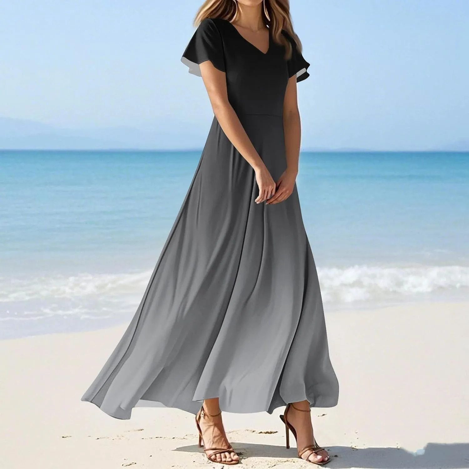 Women's Casual Short Sleeve Dresses Summer Loose T-Shirt Sundresses Gradient Swing Dresses Plus Size.