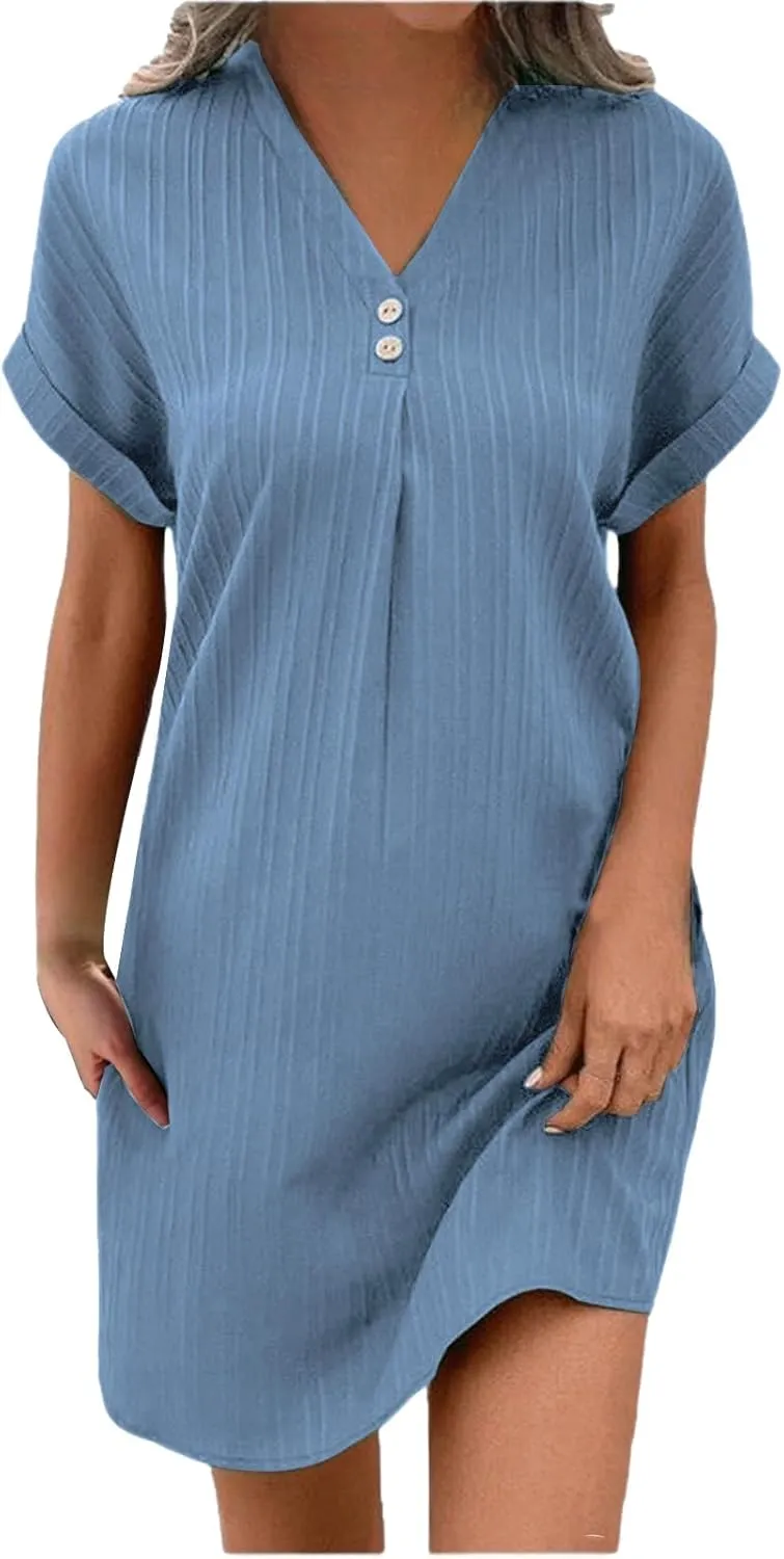 Womens Casual Summer Dresses Button Up V Neck Short Sleeve Mini Dress Dressy Work Tshirt Dress