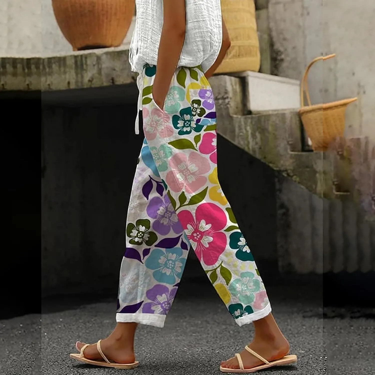 Womens Cotton Linen Casual Summer Straight Long Leg Pants Elastic High Waist Beach Capris Trousers with Pockets