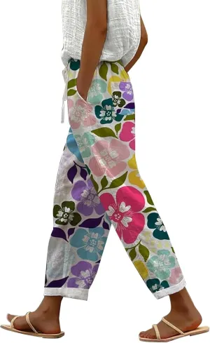 Womens Cotton Linen Casual Summer Straight Long Leg Pants Elastic High Waist Beach Capris Trousers with Pockets