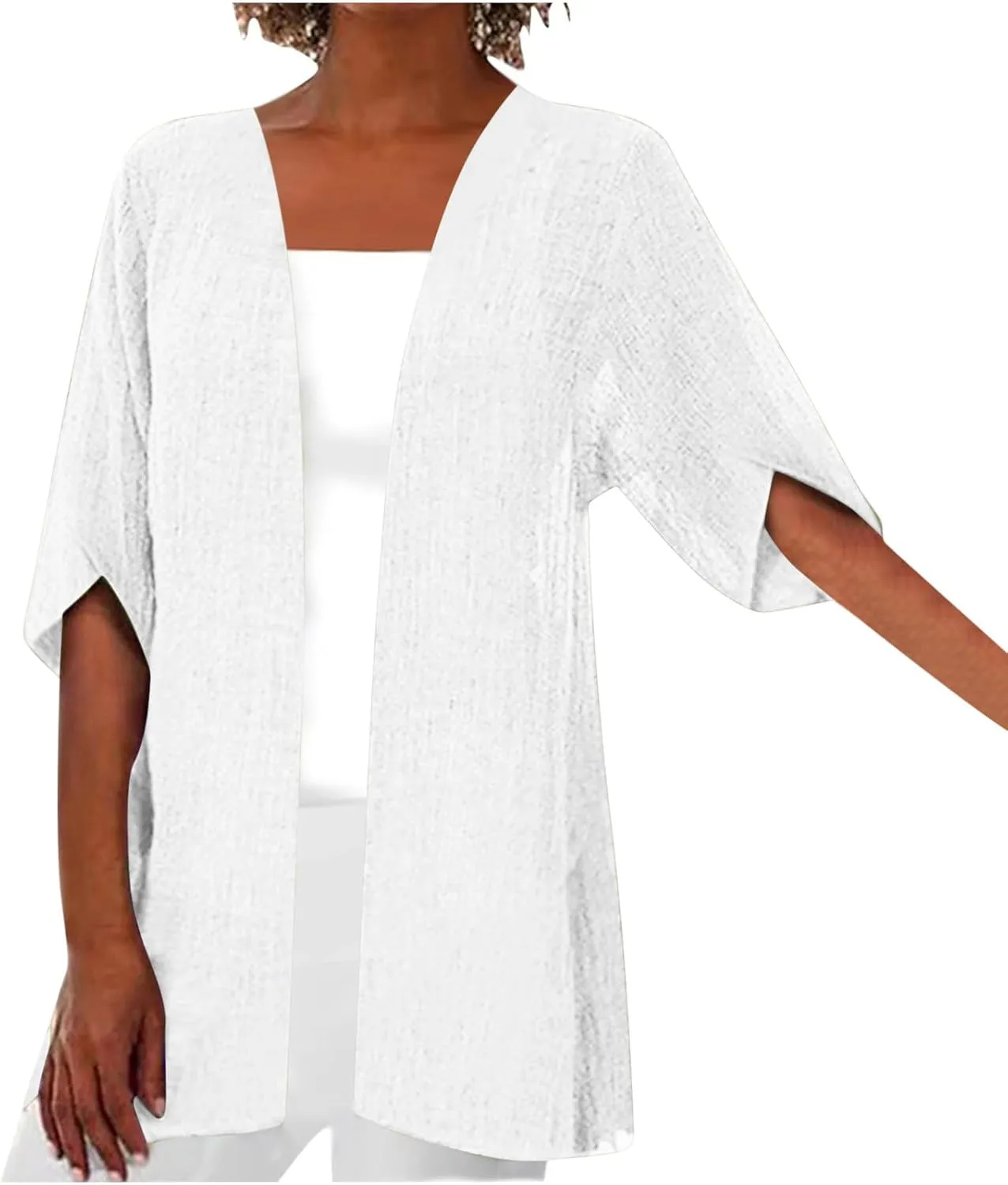 Women's Cotton Linen Middle Sleeve Cardigans Plus Size Lightweight Open Front Cover Up Summer Fall Solid Tops S-5XL