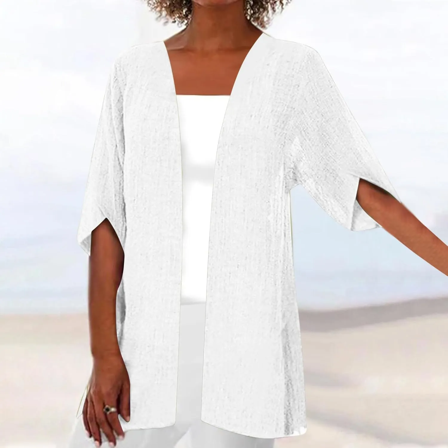 Women's Cotton Linen Middle Sleeve Cardigans Plus Size Lightweight Open Front Cover Up Summer Fall Solid Tops S-5XL