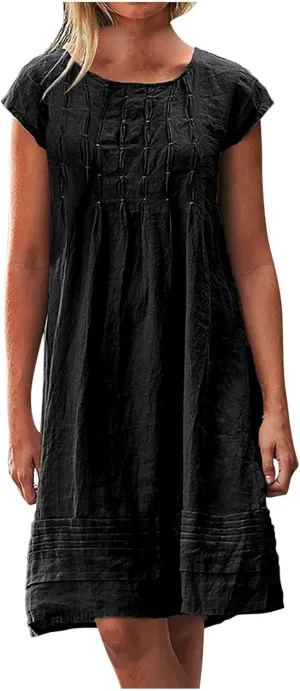 Women's Cotton Linen Midi Dress Plus Size Cap Sleeve Pleated Summer Dresses 2025 Trendy Crew Neck Casual Dress