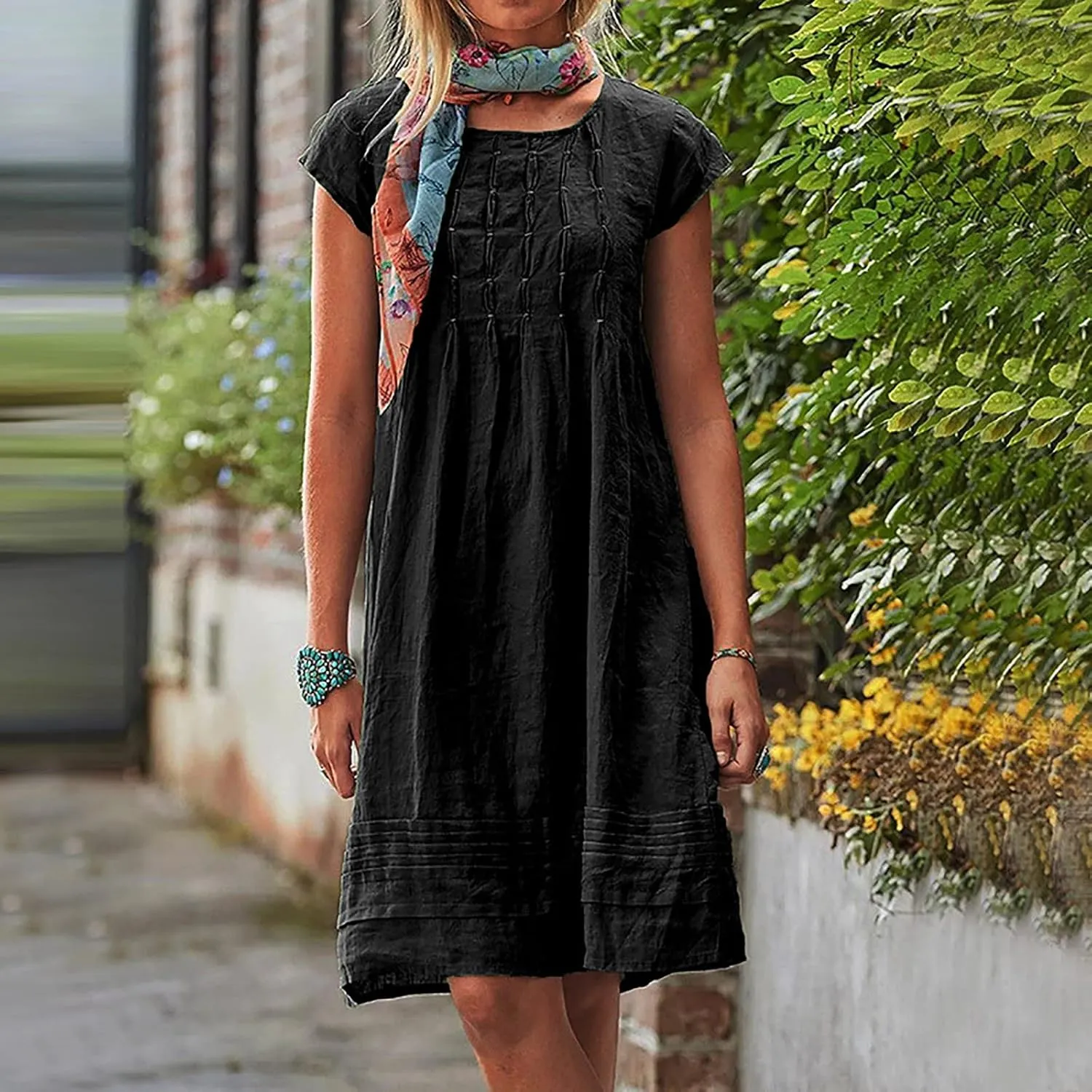 Women's Cotton Linen Midi Dress Plus Size Cap Sleeve Pleated Summer Dresses 2025 Trendy Crew Neck Casual Dress