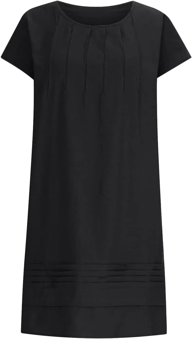 Women's Cotton Linen Midi Dress Plus Size Cap Sleeve Pleated Summer Dresses 2025 Trendy Crew Neck Casual Dress