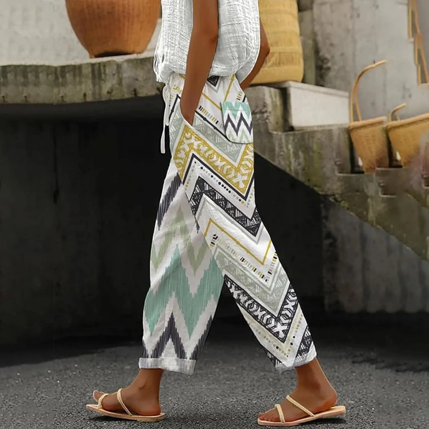 Women's Cotton Linen Pants Summer Casual Loose Boho Floral Elastic High Waisted Wide Leg Beach Trousers with Pockets