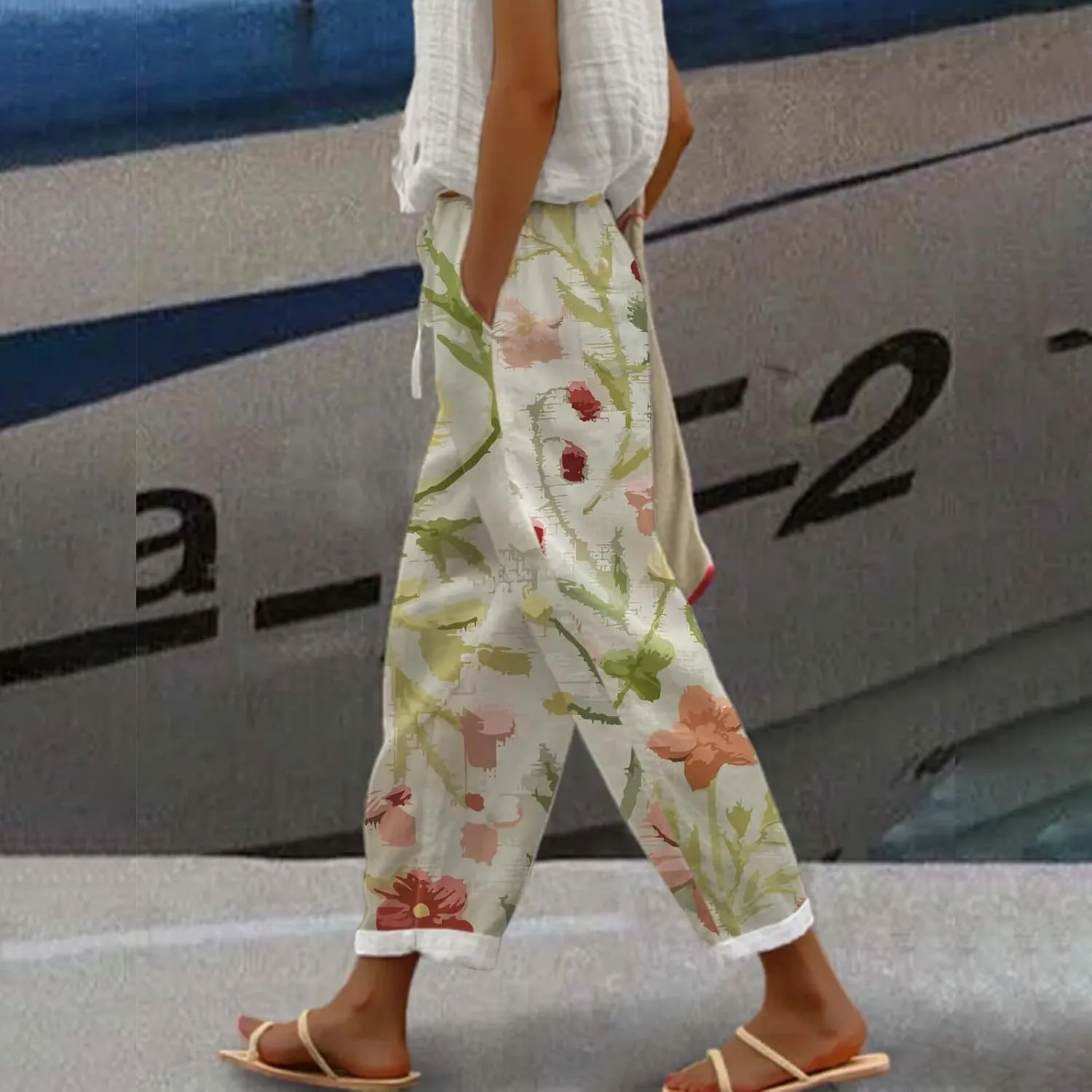 Women's Cotton Linen Pants Summer Casual Loose Boho Floral Elastic High Waisted Wide Leg Beach Trousers with Pockets