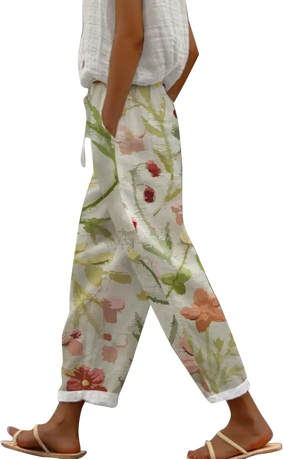 Women's Cotton Linen Pants Summer Casual Loose Boho Floral Elastic High Waisted Wide Leg Beach Trousers with Pockets