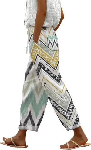 Women's Cotton Linen Pants Summer Casual Loose Boho Floral Elastic High Waisted Wide Leg Beach Trousers with Pockets