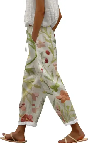 Women's Cotton Linen Pants Summer Casual Loose Boho Floral Elastic High Waisted Wide Leg Beach Trousers with Pockets