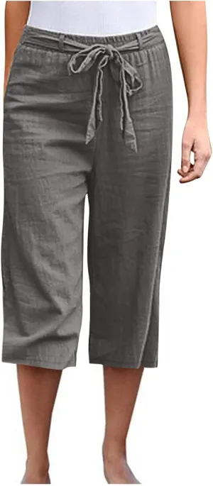 Women's Cotton Linen Summer Casual Palazzo Lounge Pants Low Waist Baggy Stretchy Slim-Fit Pants Vacation