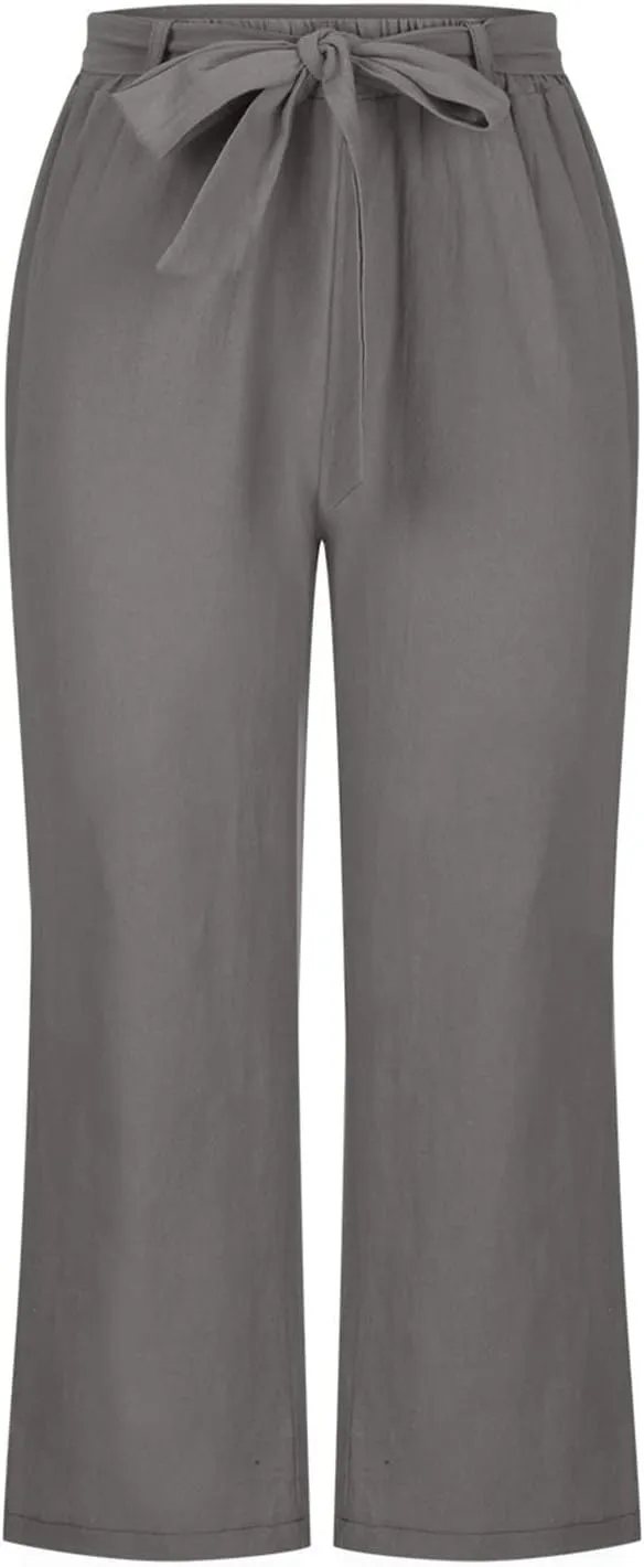 Women's Cotton Linen Summer Casual Palazzo Lounge Pants Low Waist Baggy Stretchy Slim-Fit Pants Vacation