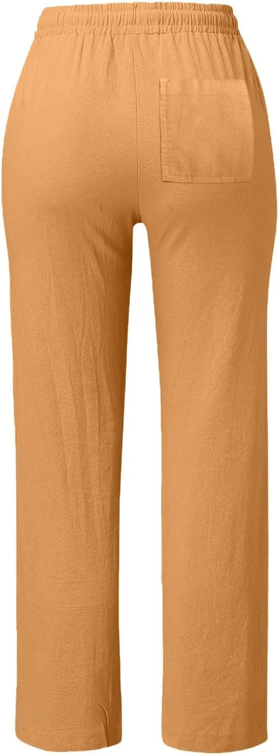 Womens Cotton Linen Summer Letter Patched Palazzo Pants Elastic Waisted Stretchy Straight Slim-Fit Pants Vacation