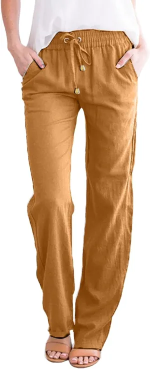 Womens Cotton Linen Summer Letter Patched Palazzo Pants Elastic Waisted Stretchy Straight Slim-Fit Pants Vacation