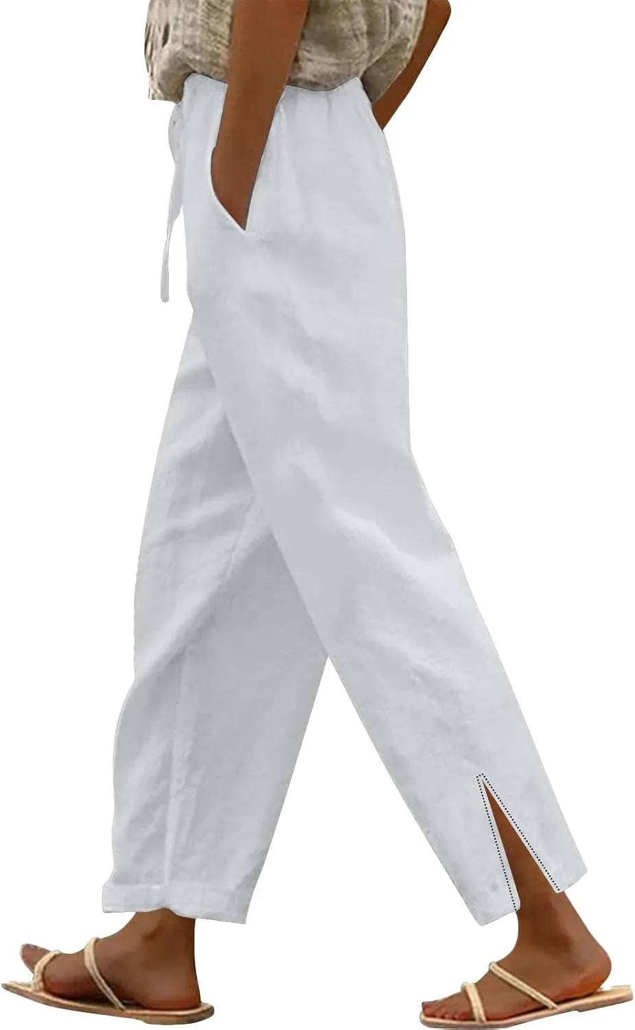 Women's Cotton Linen Summer Palazzo Pants 2025 Wide Leg Beach Lounge Trousers with Pockets Vacation Outfits A-White