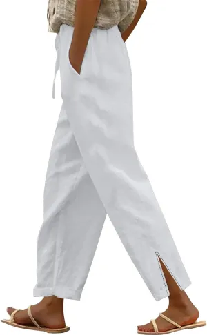 Women's Cotton Linen Summer Palazzo Pants 2025 Wide Leg Beach Lounge Trousers with Pockets Vacation Outfits A-White