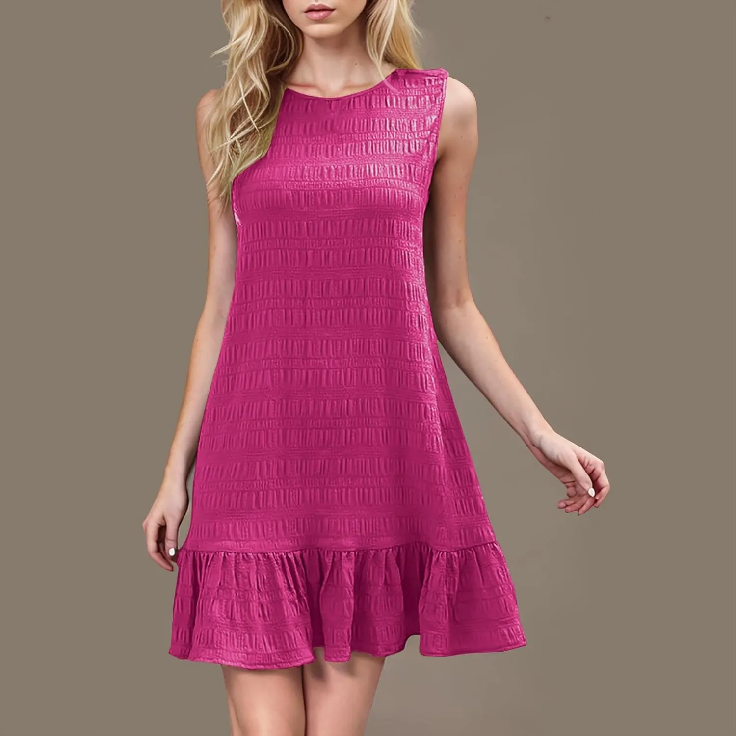 Women's Crinkle Ruffle Hem Tank Dress Round Neck Sleeveless Casual Smocked Dresses Summer Mini Sundress
