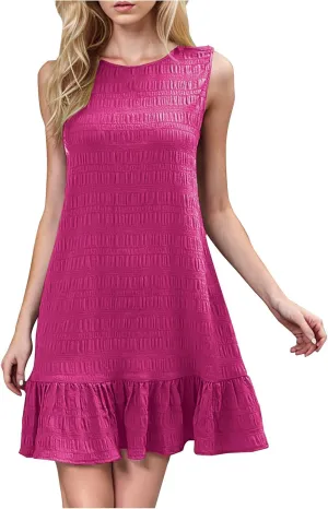 Women's Crinkle Ruffle Hem Tank Dress Round Neck Sleeveless Casual Smocked Dresses Summer Mini Sundress