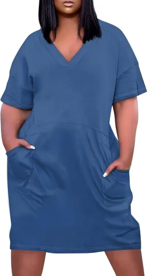 Women's Cruise Outfits 2025 Summer Casual Loose Trendy Short Sleeve V-Neck Solid Sun Beach Dress Plus Size, L-5XL