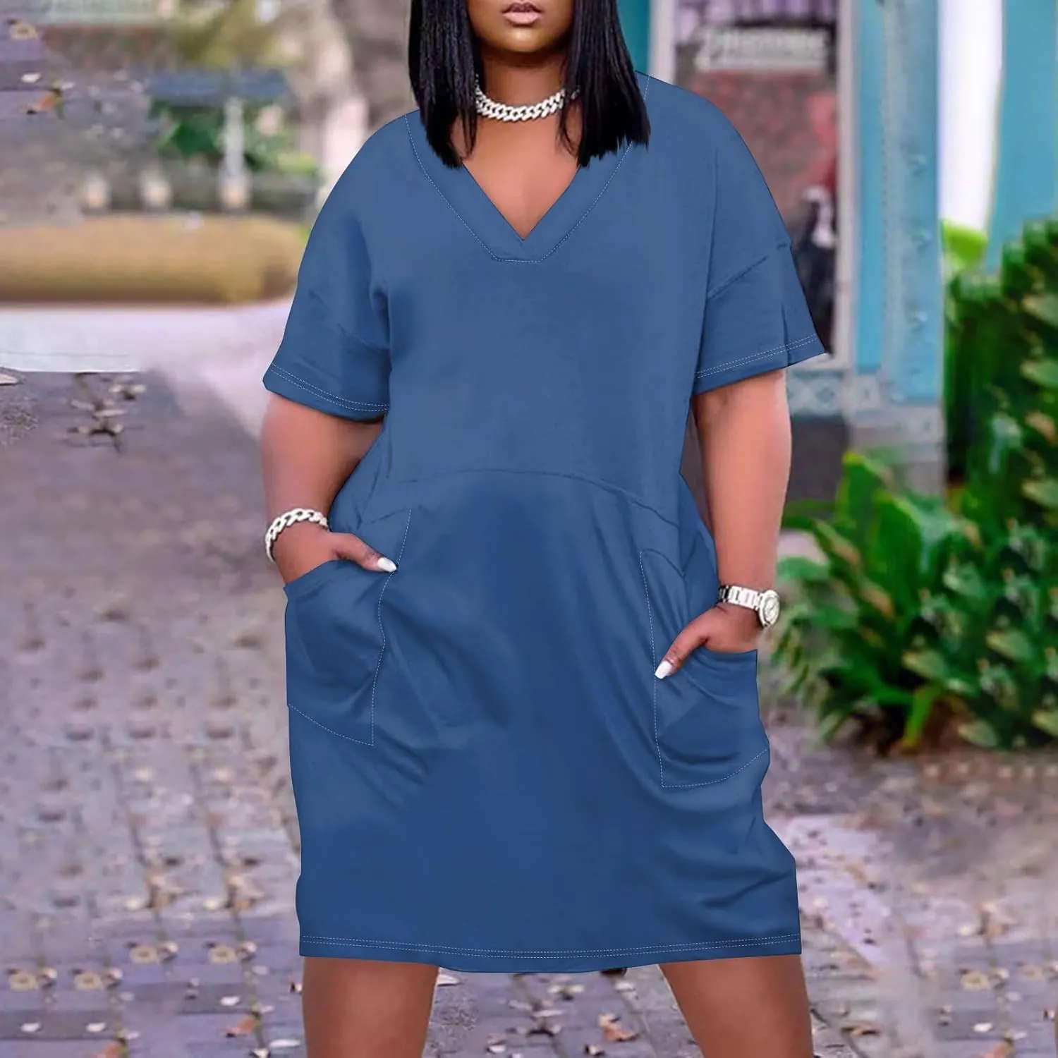 Women's Cruise Outfits 2025 Summer Casual Loose Trendy Short Sleeve V-Neck Solid Sun Beach Dress Plus Size, L-5XL