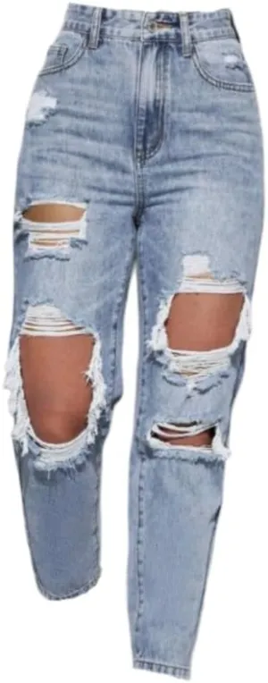Women's Distressed/Damaged/Ripped Light Wash Denim Jeans