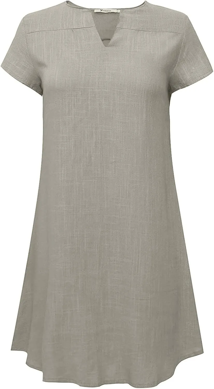 Womens Dress Plus Size Short Sleeve Notch Neck Mini Dress Summer Loose Comfy Cotton Linen Dresses for Teen Girls