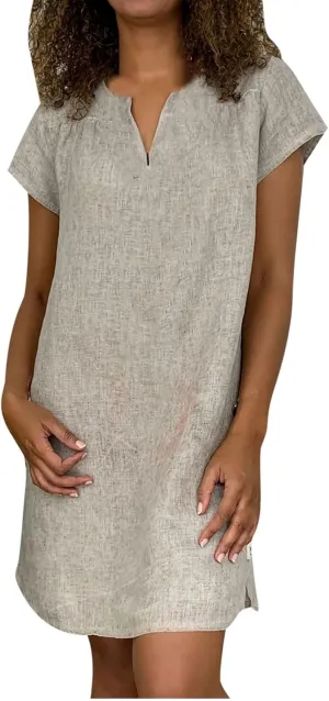 Womens Dress Plus Size Short Sleeve Notch Neck Mini Dress Summer Loose Comfy Cotton Linen Dresses for Teen Girls
