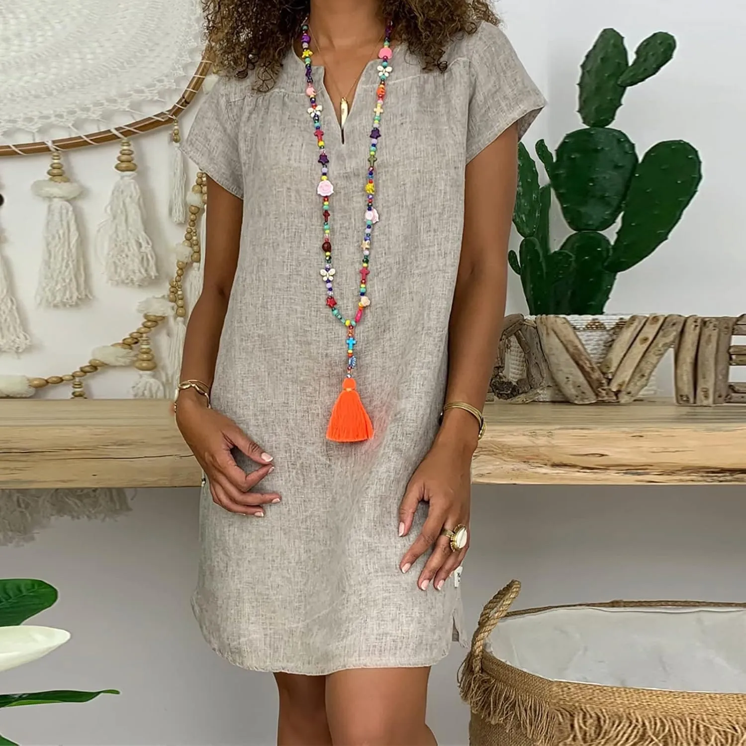 Womens Dress Plus Size Short Sleeve Notch Neck Mini Dress Summer Loose Comfy Cotton Linen Dresses for Teen Girls