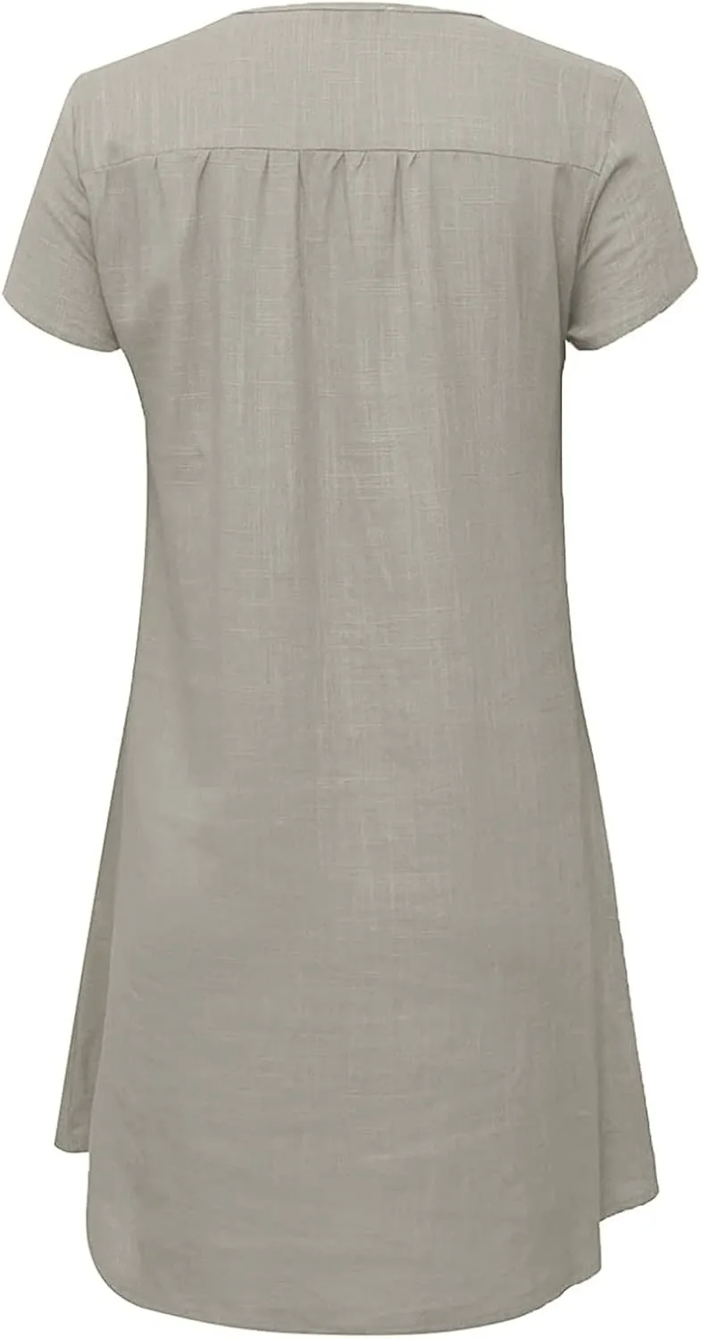 Womens Dress Plus Size Short Sleeve Notch Neck Mini Dress Summer Loose Comfy Cotton Linen Dresses for Teen Girls