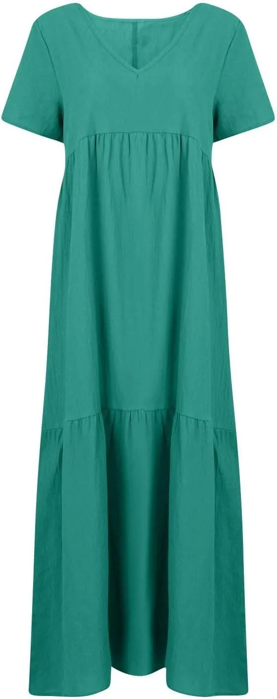 Women's Dresses Plus Size V Neck Short Sleeve Maxi Dress Loose Fit Floor Maxi Dress Ruffle Flowy Swing Sundress 2025