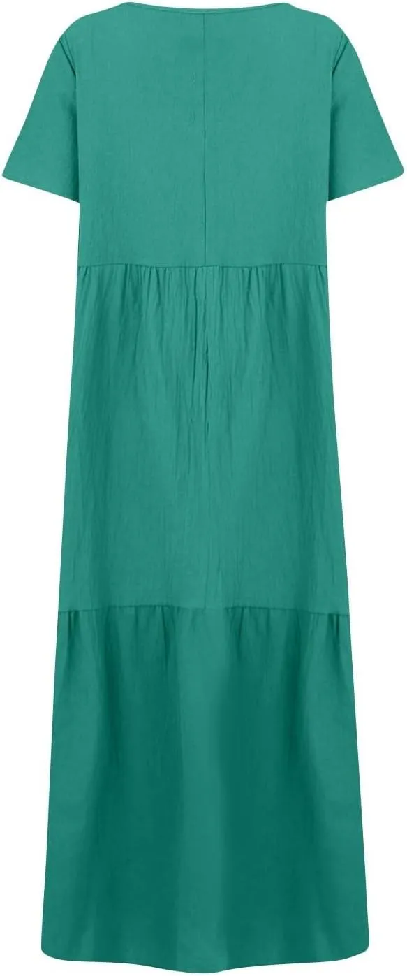 Women's Dresses Plus Size V Neck Short Sleeve Maxi Dress Loose Fit Floor Maxi Dress Ruffle Flowy Swing Sundress 2025