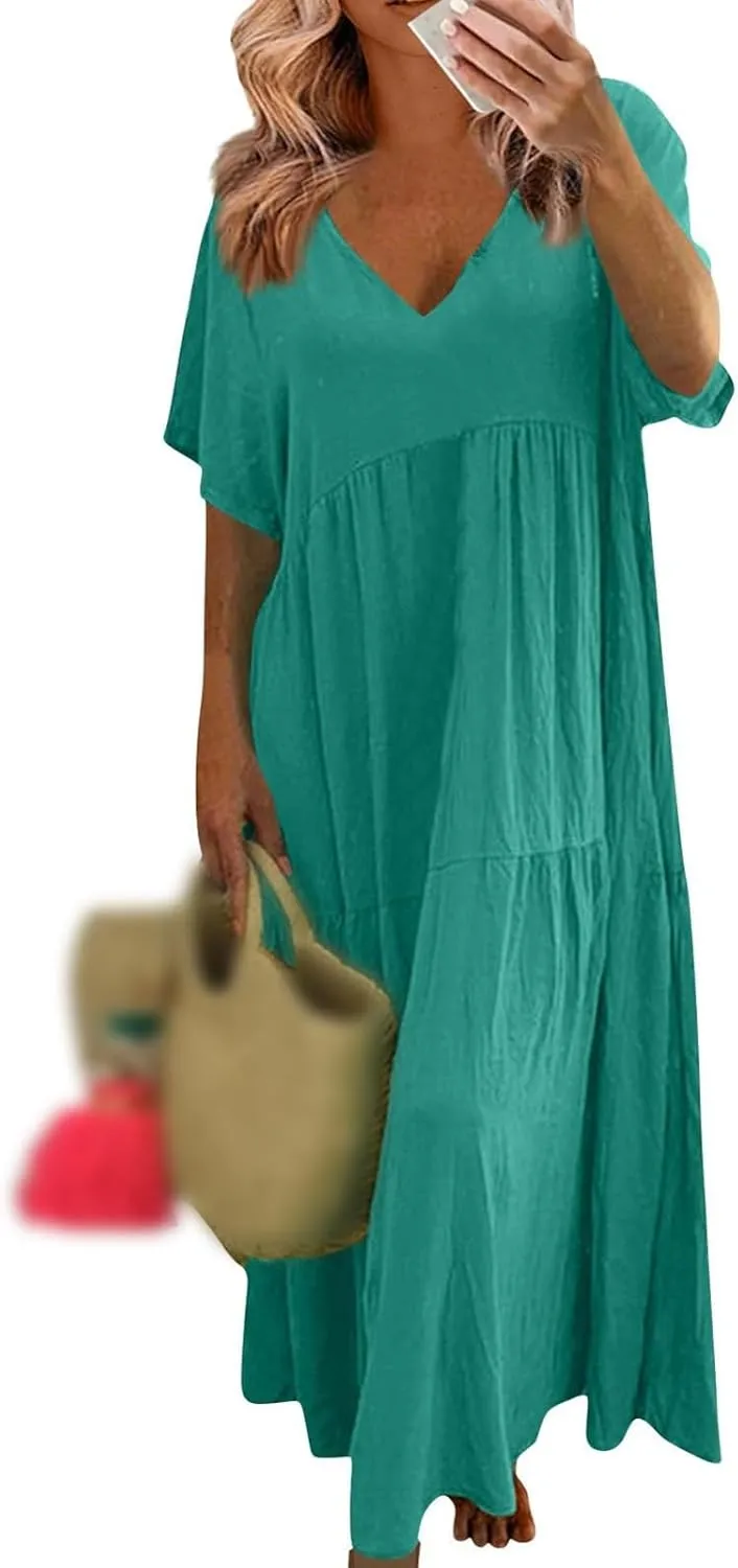 Women's Dresses Plus Size V Neck Short Sleeve Maxi Dress Loose Fit Floor Maxi Dress Ruffle Flowy Swing Sundress 2025