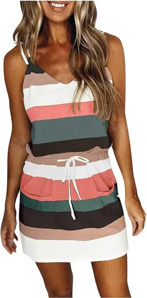 Women's Dresses Spring Loose Casual Beach 2024 Striped Printed V-Neck Short Sleeve Dress, S-3XL