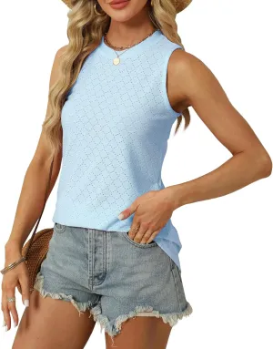 Womens Eyelet Dressy Casual Sleeveless Tank Tops Loose Crew High Neck Spring Summer Blouses Shirts for Women 2024