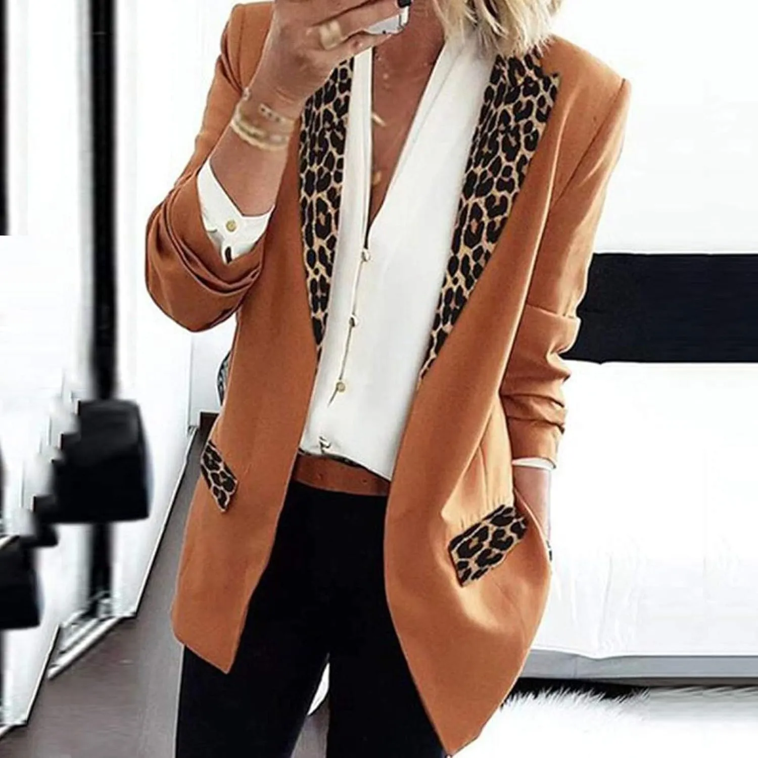 Women's Fahion Leopard Notch Laple Blazer Jackets Casual Office Suit Outwear Dressy Spring Fall Coats