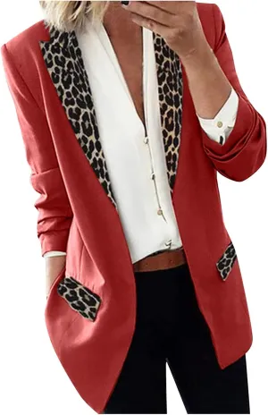 Women's Fahion Leopard Notch Laple Blazer Jackets Casual Office Suit Outwear Dressy Spring Fall Coats