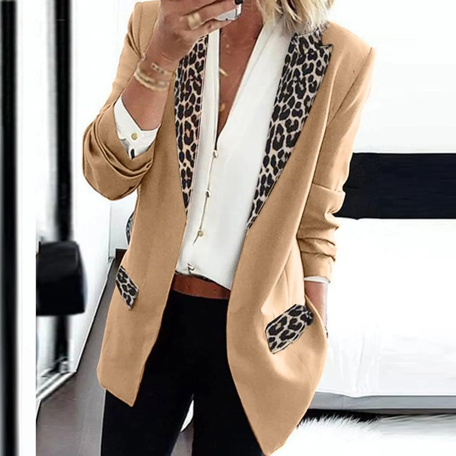 Women's Fahion Leopard Notch Laple Blazer Jackets Casual Office Suit Outwear Dressy Spring Fall Coats