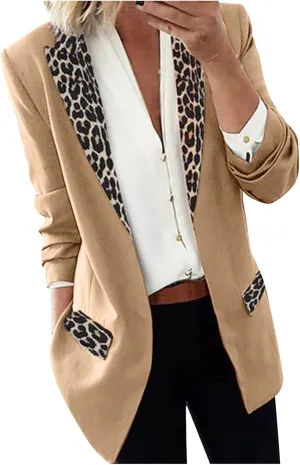 Women's Fahion Leopard Notch Laple Blazer Jackets Casual Office Suit Outwear Dressy Spring Fall Coats