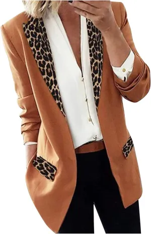 Women's Fahion Leopard Notch Laple Blazer Jackets Casual Office Suit Outwear Dressy Spring Fall Coats