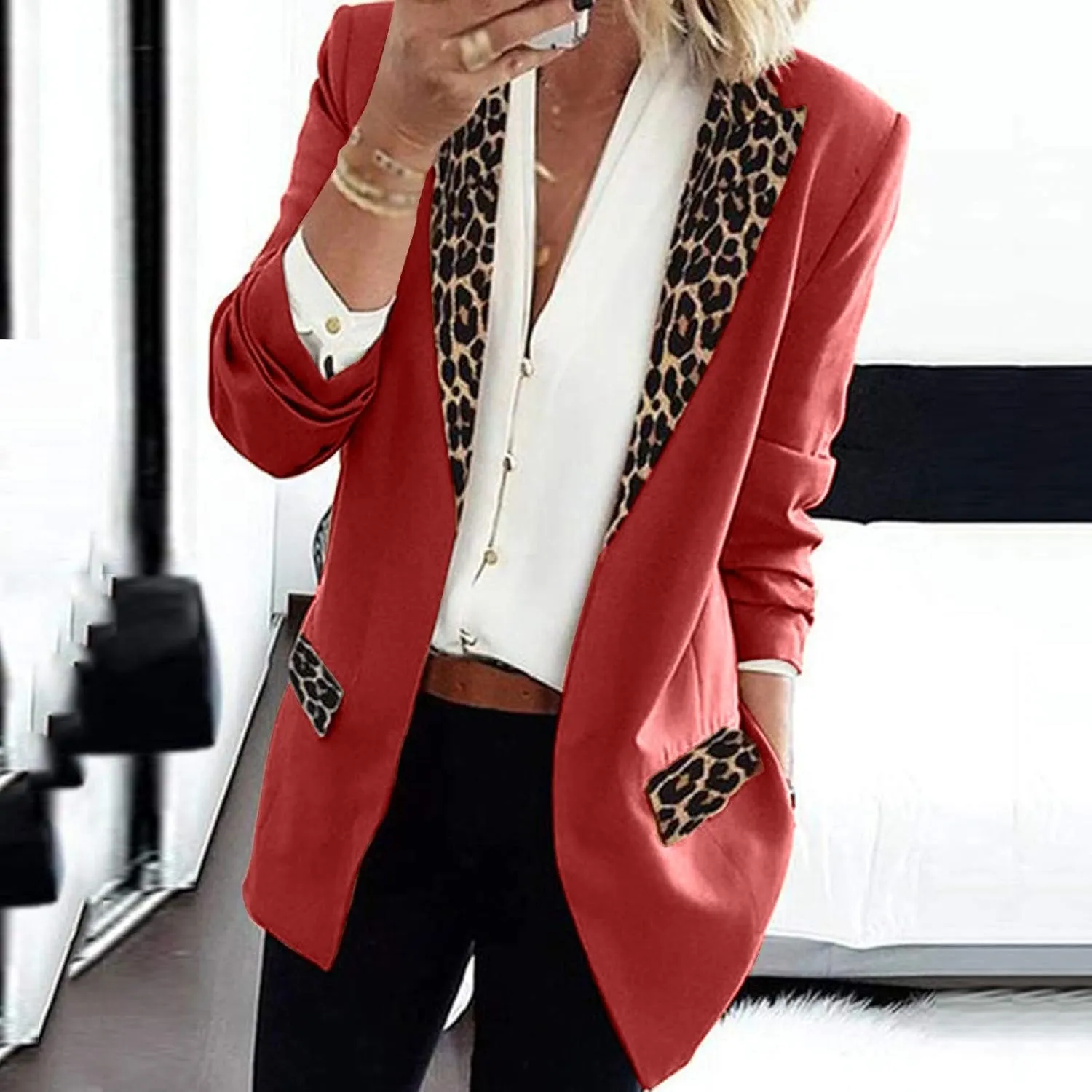 Women's Fahion Leopard Notch Laple Blazer Jackets Casual Office Suit Outwear Dressy Spring Fall Coats