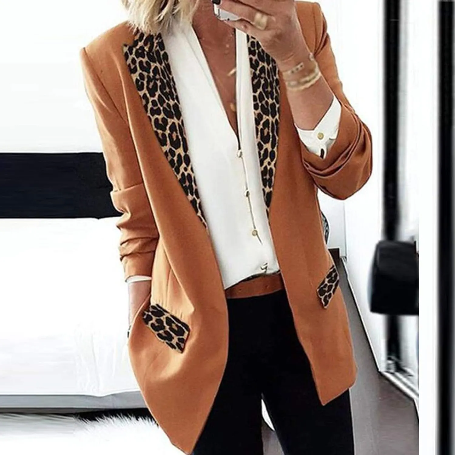 Women's Fahion Leopard Notch Laple Blazer Jackets Casual Office Suit Outwear Dressy Spring Fall Coats