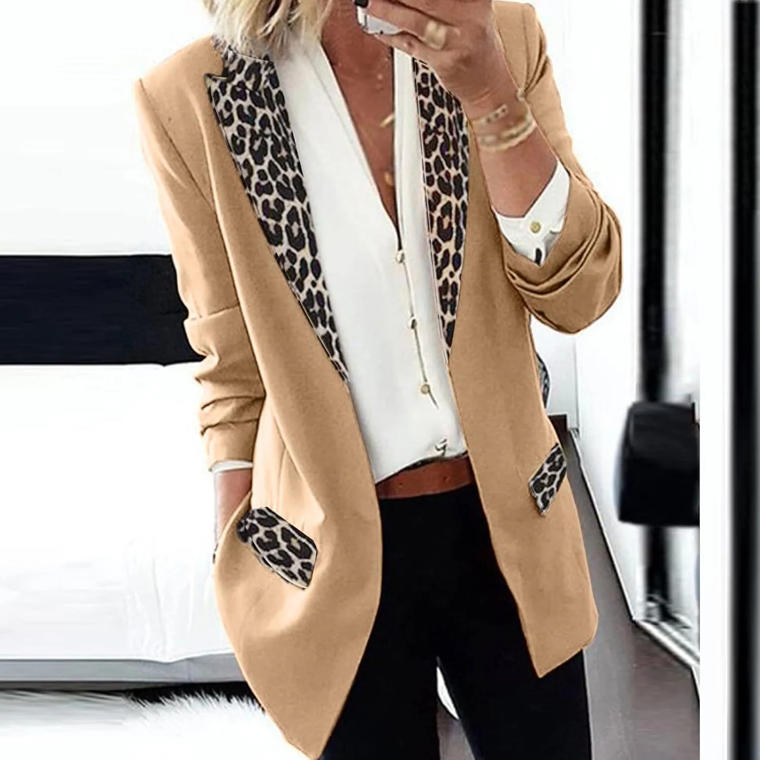 Women's Fahion Leopard Notch Laple Blazer Jackets Casual Office Suit Outwear Dressy Spring Fall Coats
